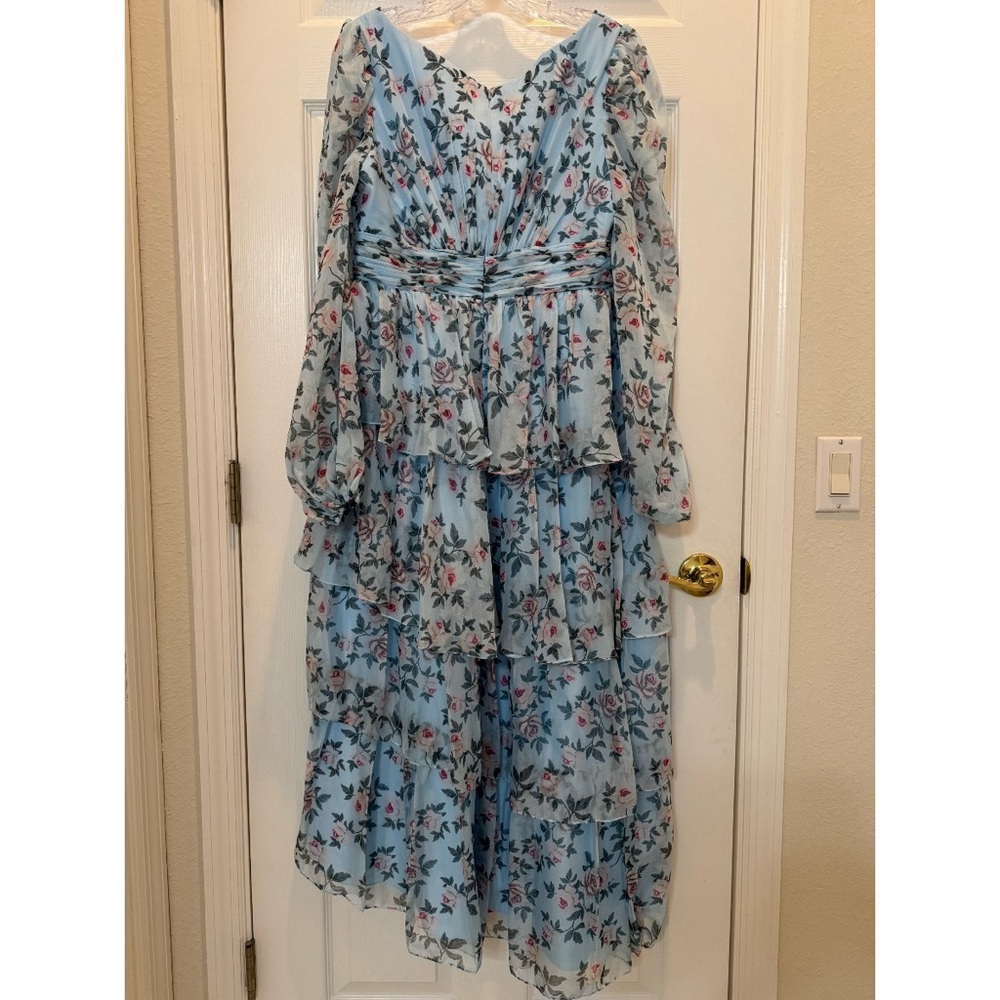 Mac Duggal 55880 Blue Puff Sleeve Floral Printed Dress Size 10 - Picture 8 of 12